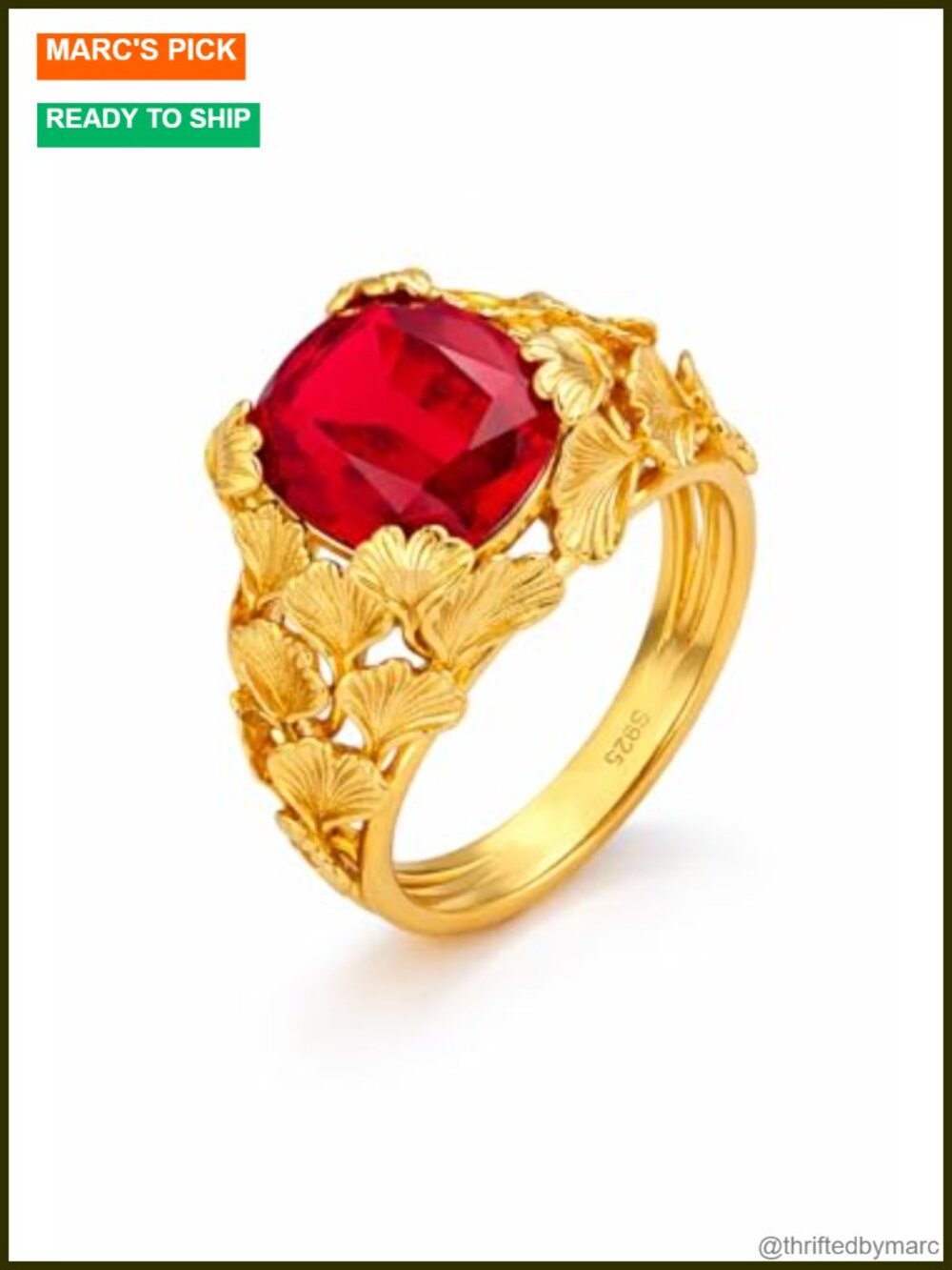 Ginkgo Leaf Lab Grown Ruby Ring 24K Gold Plated Sterling Silver
